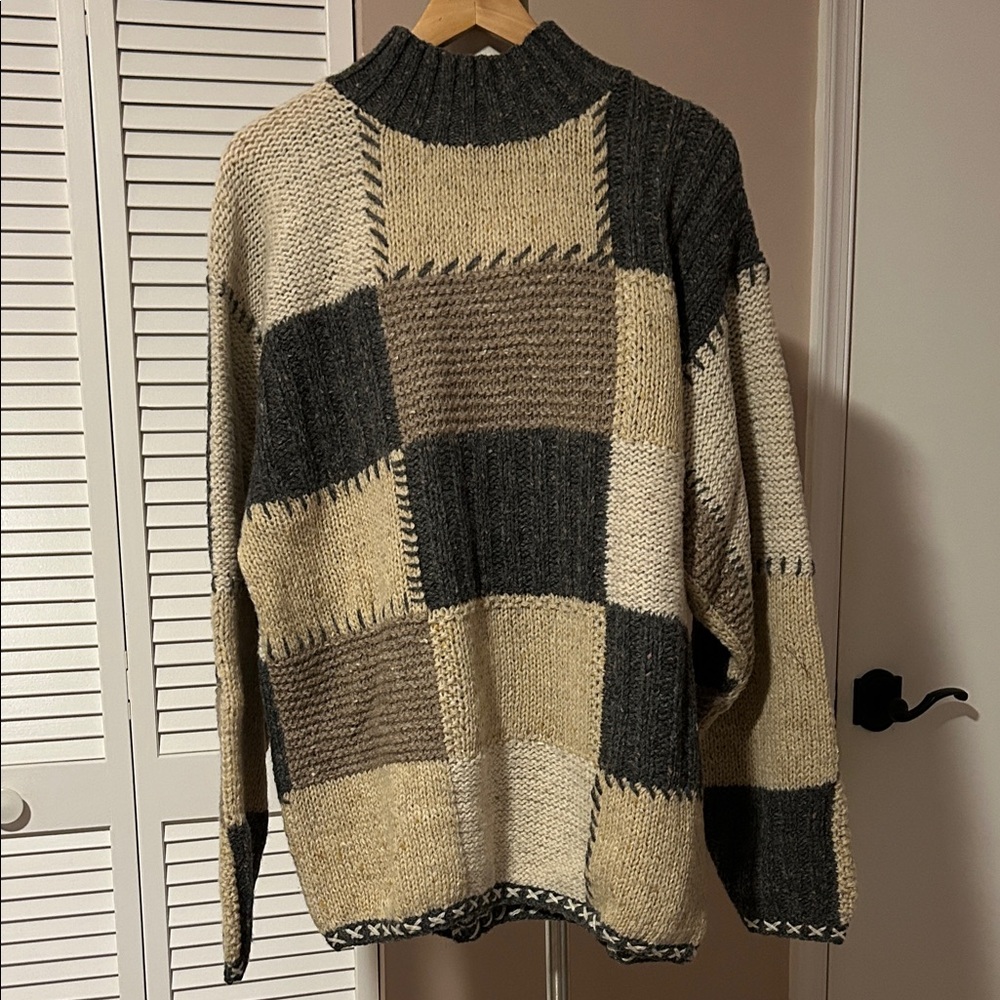Barneys New York Wool Patchwork Crewneck Sweater - Black, Cream, Tan size XL sw2